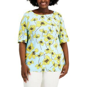 Anne Klein Womens Blue Floral Bateau Blouse Pullover Top Shirt Plus NWT